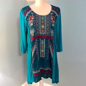 Johnny Was Tunic 3/4 Sleeve Teal